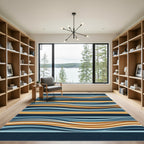 Modern Wavy Blue and Ochre Stripe Rug