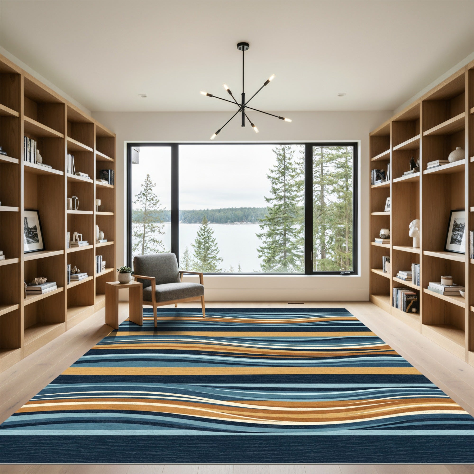 Modern Wavy Blue and Ochre Stripe Rug