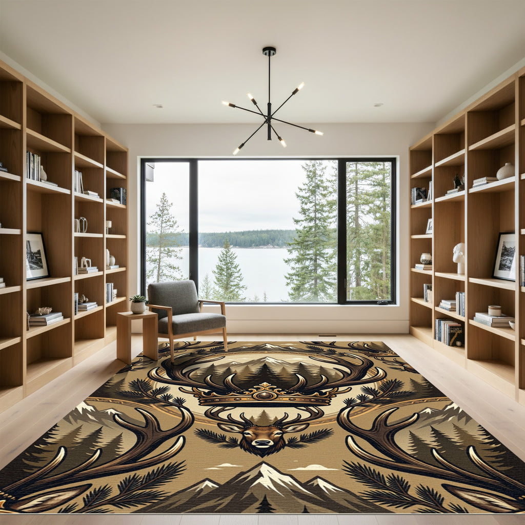 Majestic Golden Stag Antler Mountain Forest Rug