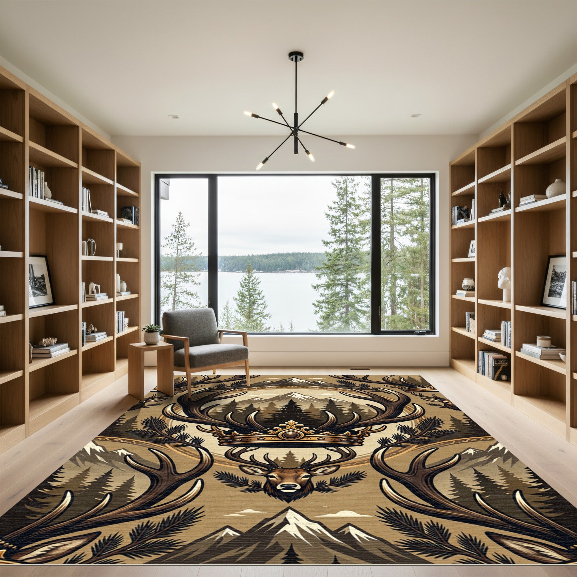 Majestic Golden Stag Antler Mountain Forest Rug
