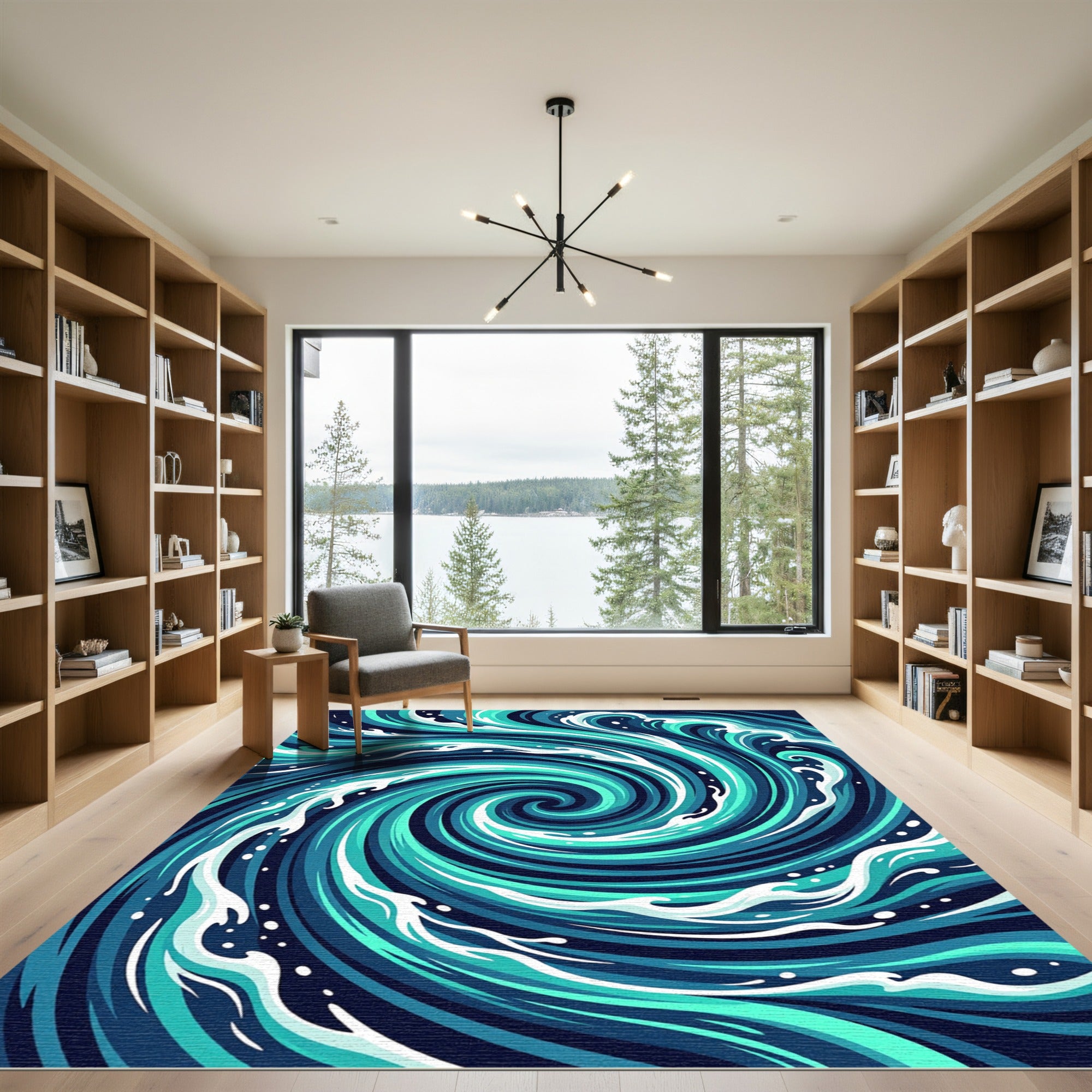 Deep Blue Aqua Swirl Ocean Waves Rug