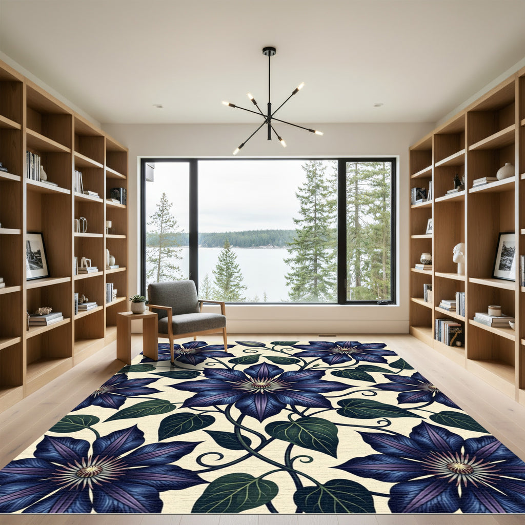 Elegant Midnight Clematis Floral Botanical Rug