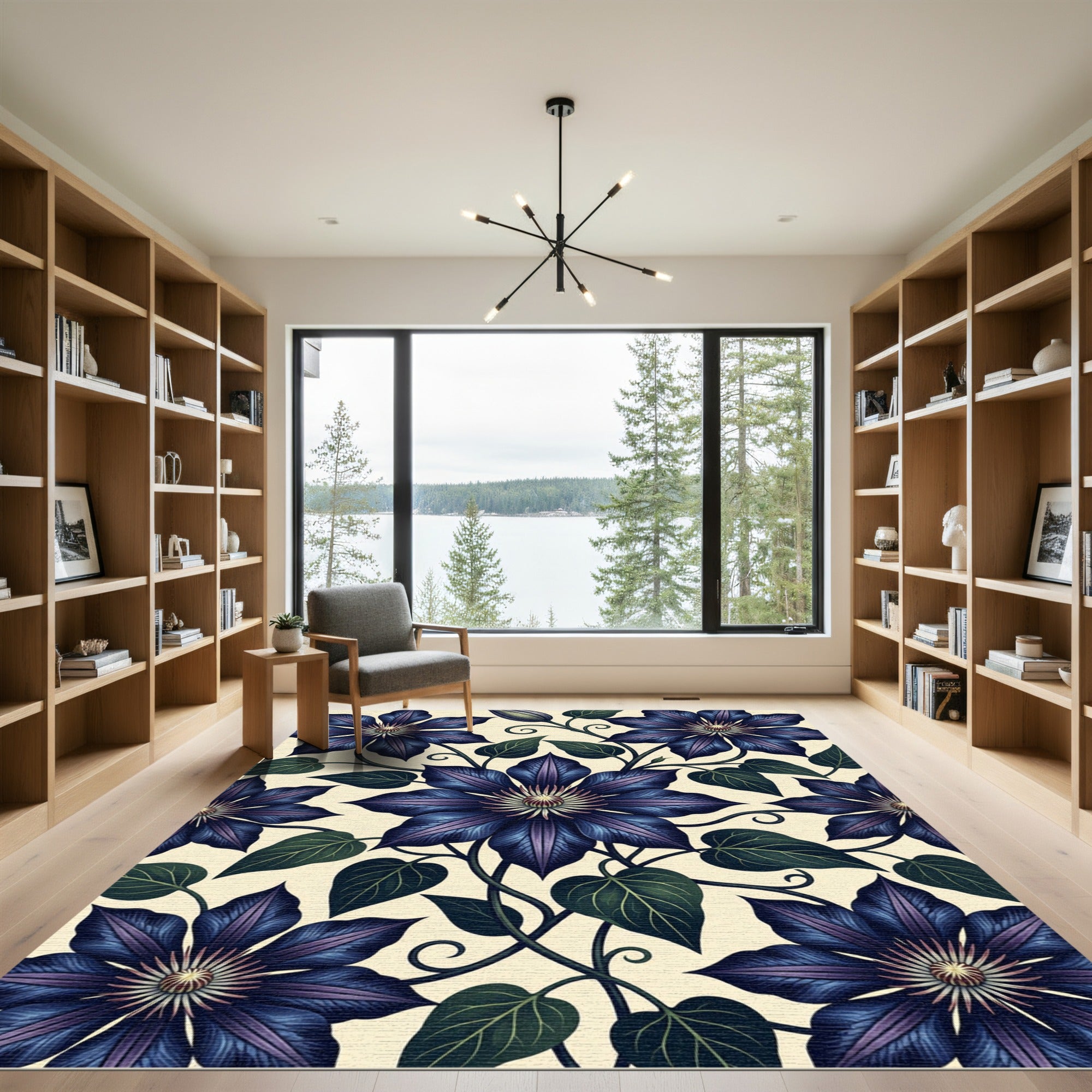 Elegant Midnight Clematis Floral Botanical Rug