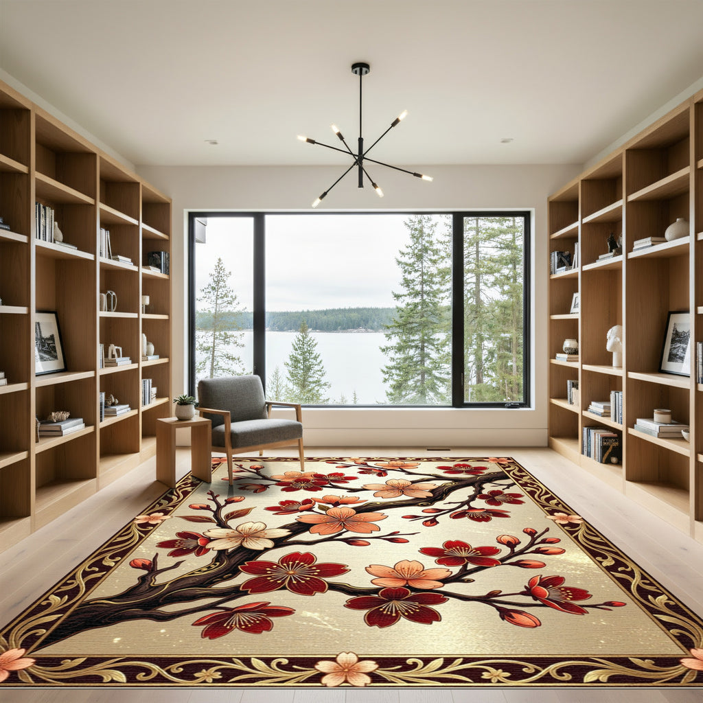 Elegant Red Cherry Blossom Branch Rug