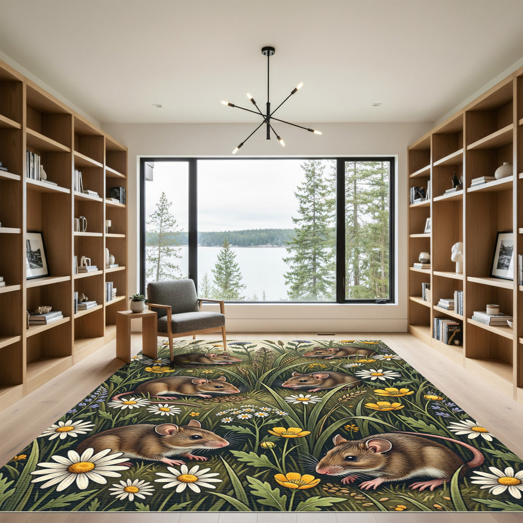 Whimsical Woodland Mouse Floral Meadow Rug