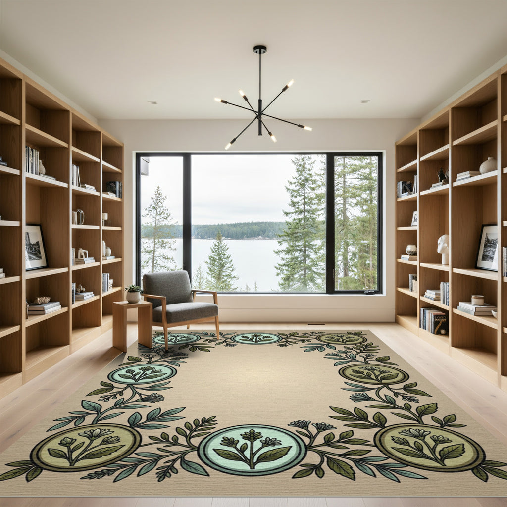 Sage Green Botanical Medallion Border Rug