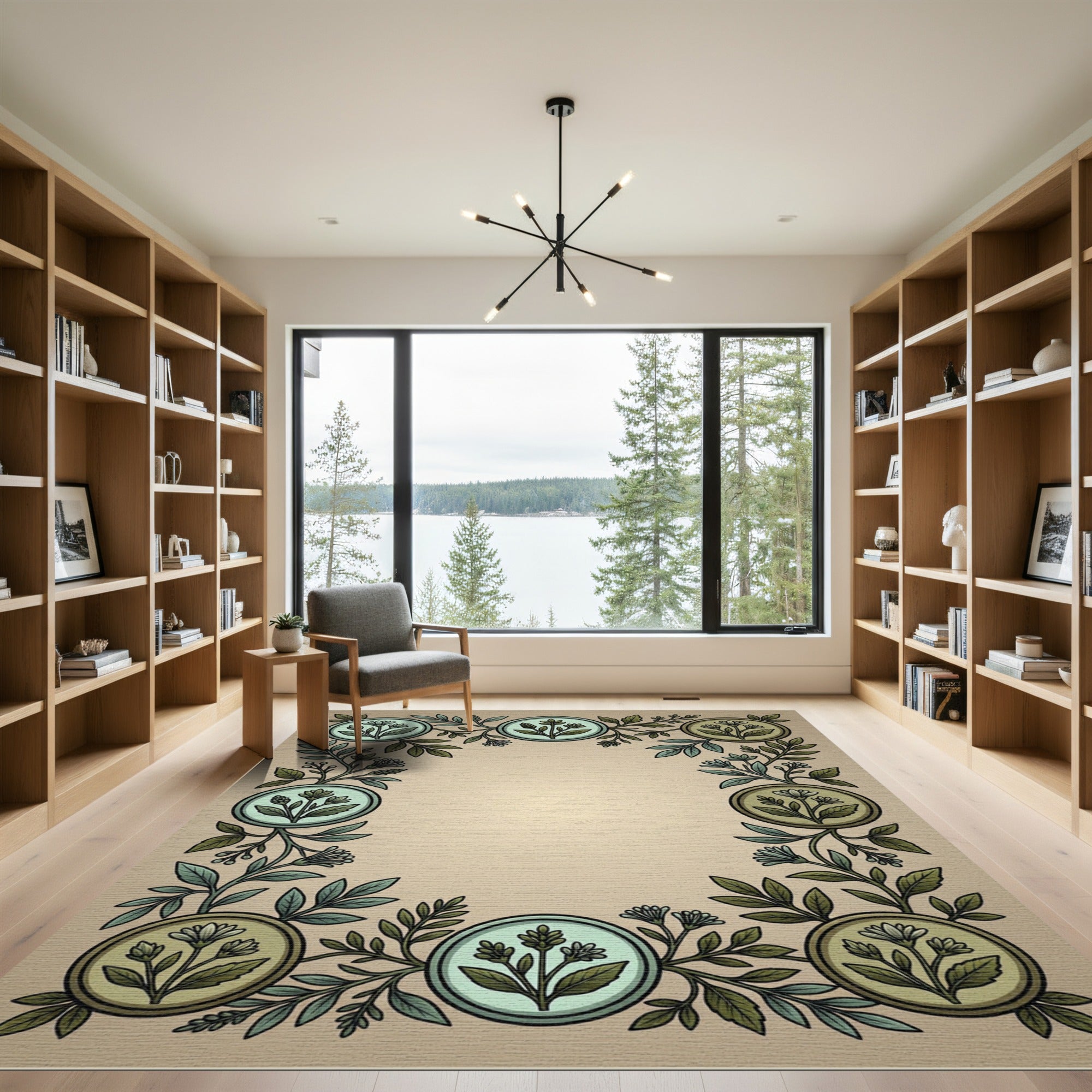 Sage Green Botanical Medallion Border Rug
