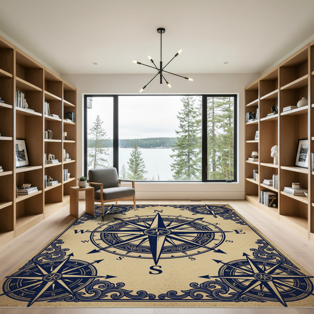 Vintage Navy Nautical Compass Scroll Rug