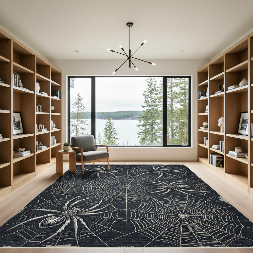 Gothic Monochrome Spider Web Illustration Rug