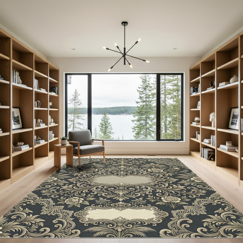 Elegant Charcoal Silver Floral Damask Arrangement Rug
