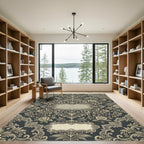 Elegant Charcoal Silver Floral Damask Arrangement Rug