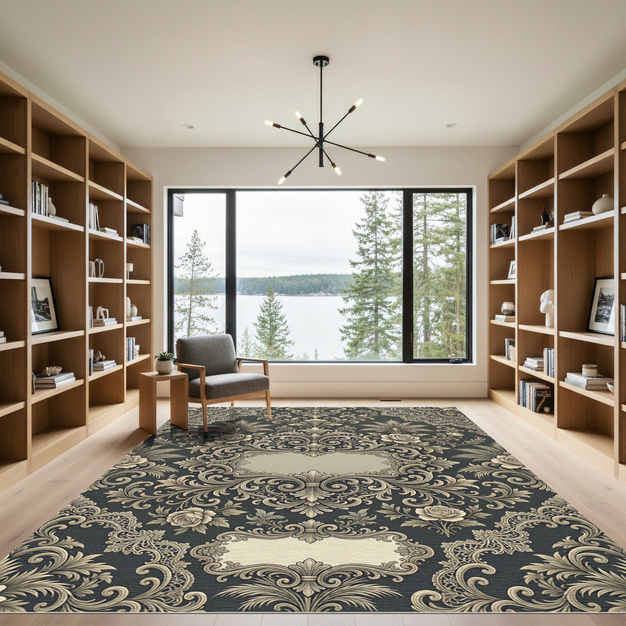 Elegant Charcoal Silver Floral Damask Arrangement Rug