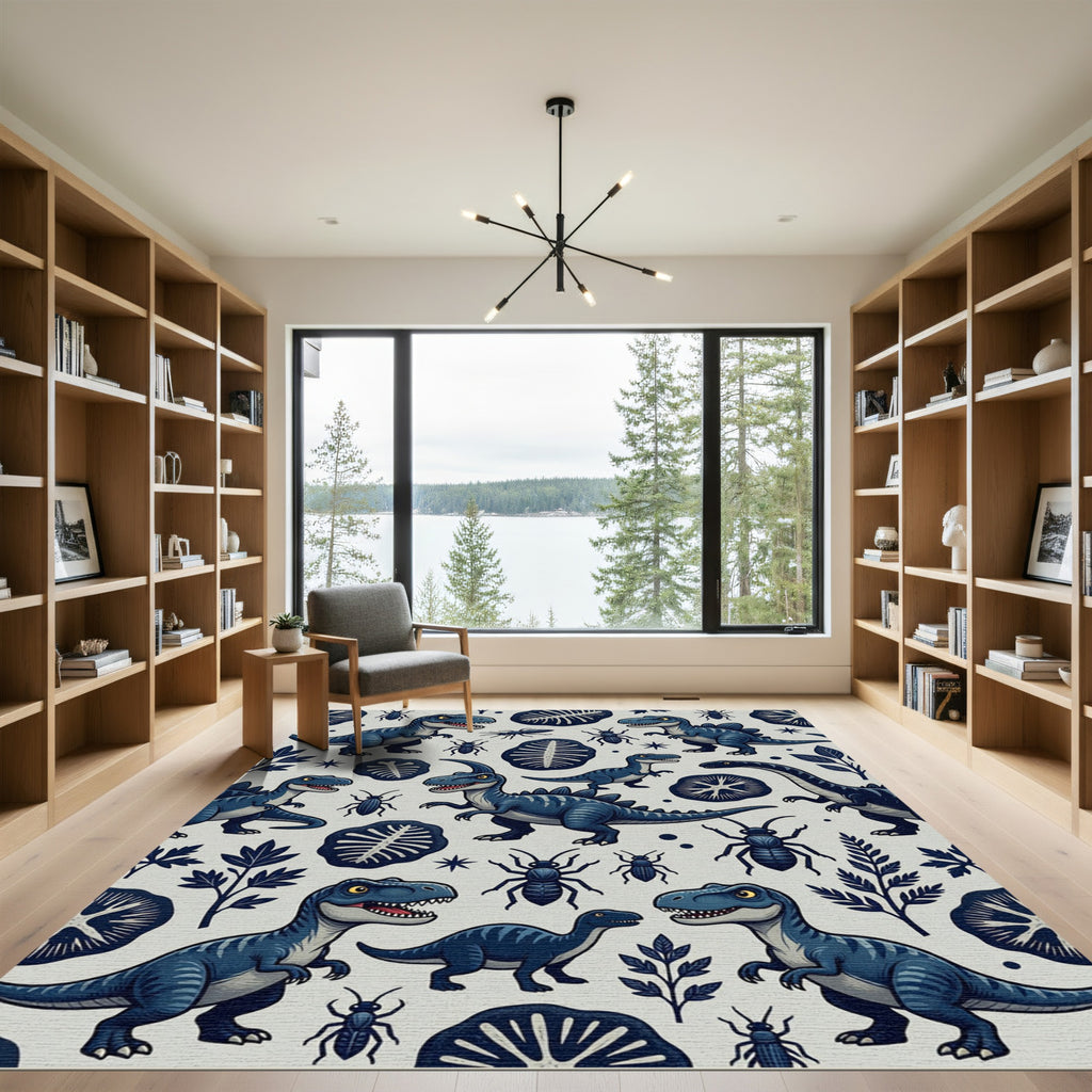 Blue Prehistoric Dinosaur and Fossil Illustration Rug
