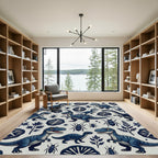 Blue Prehistoric Dinosaur and Fossil Illustration Rug
