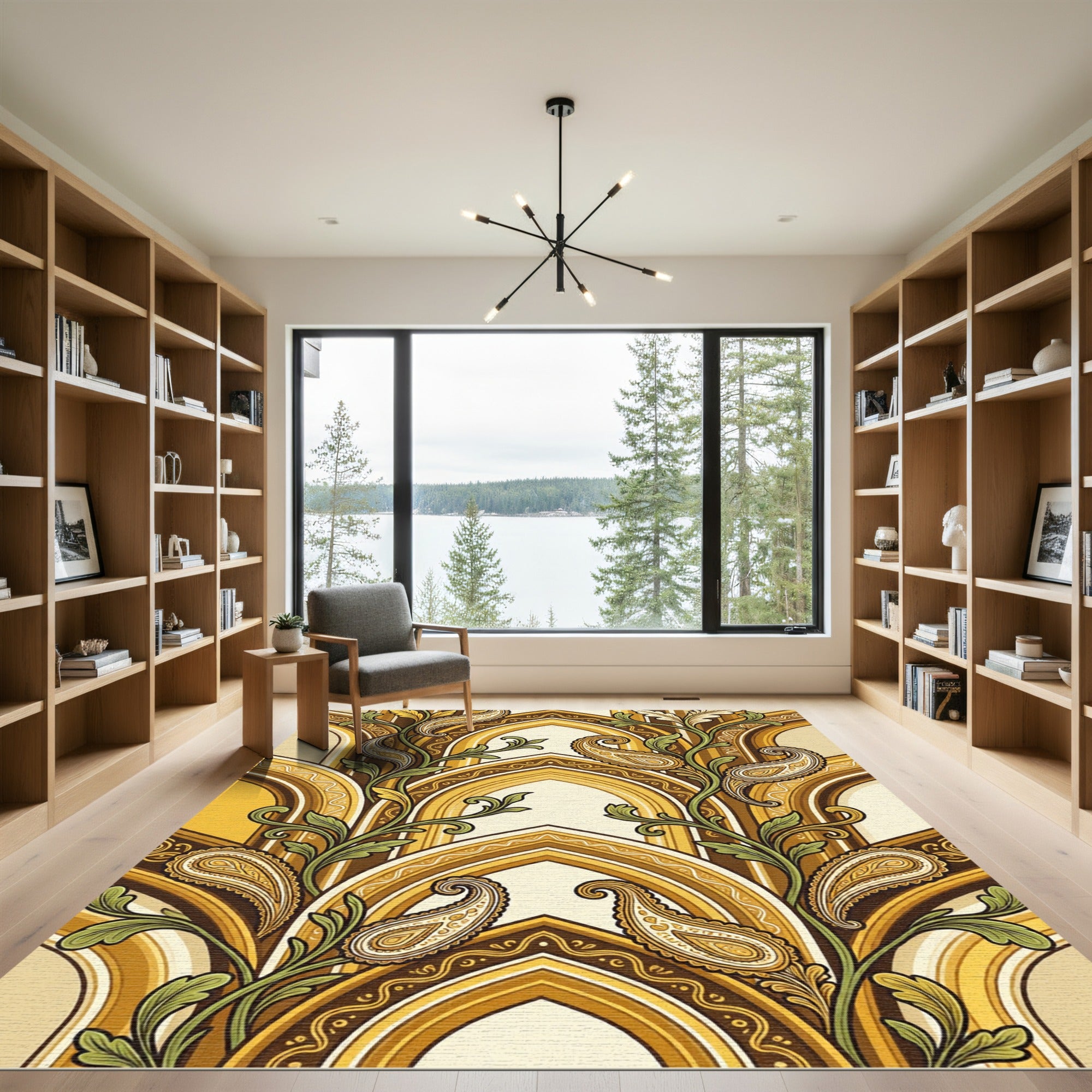 Golden Paisley Arched Floral Vine Rug
