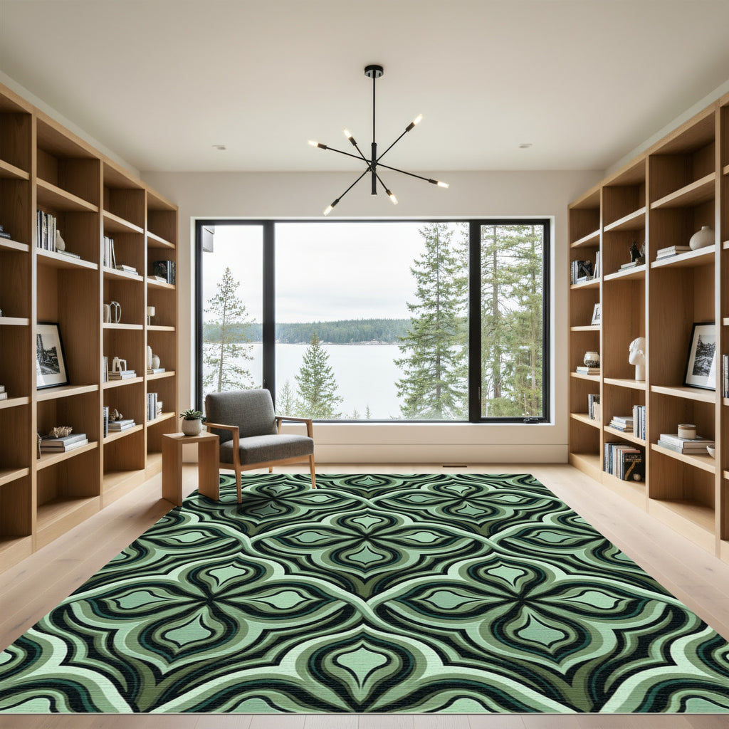 Sage Green Geometric Quatrefoil Lattice Rug