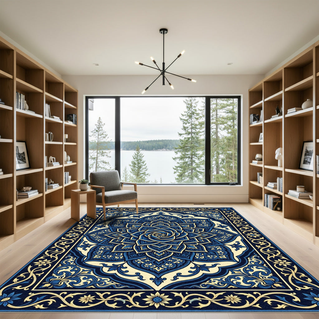 Midnight Blue Elaborate Floral Medallion Rug