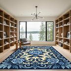 Blue Damask Floral Scroll Area Rug