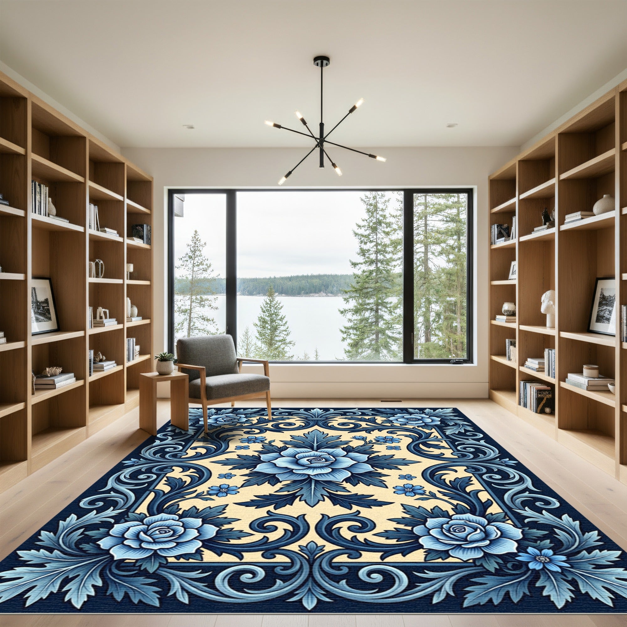 Blue Damask Floral Scroll Area Rug