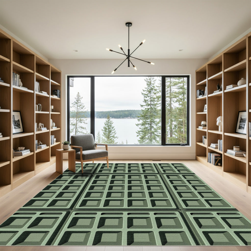 Sage Green Geometric Grid Texture Rug