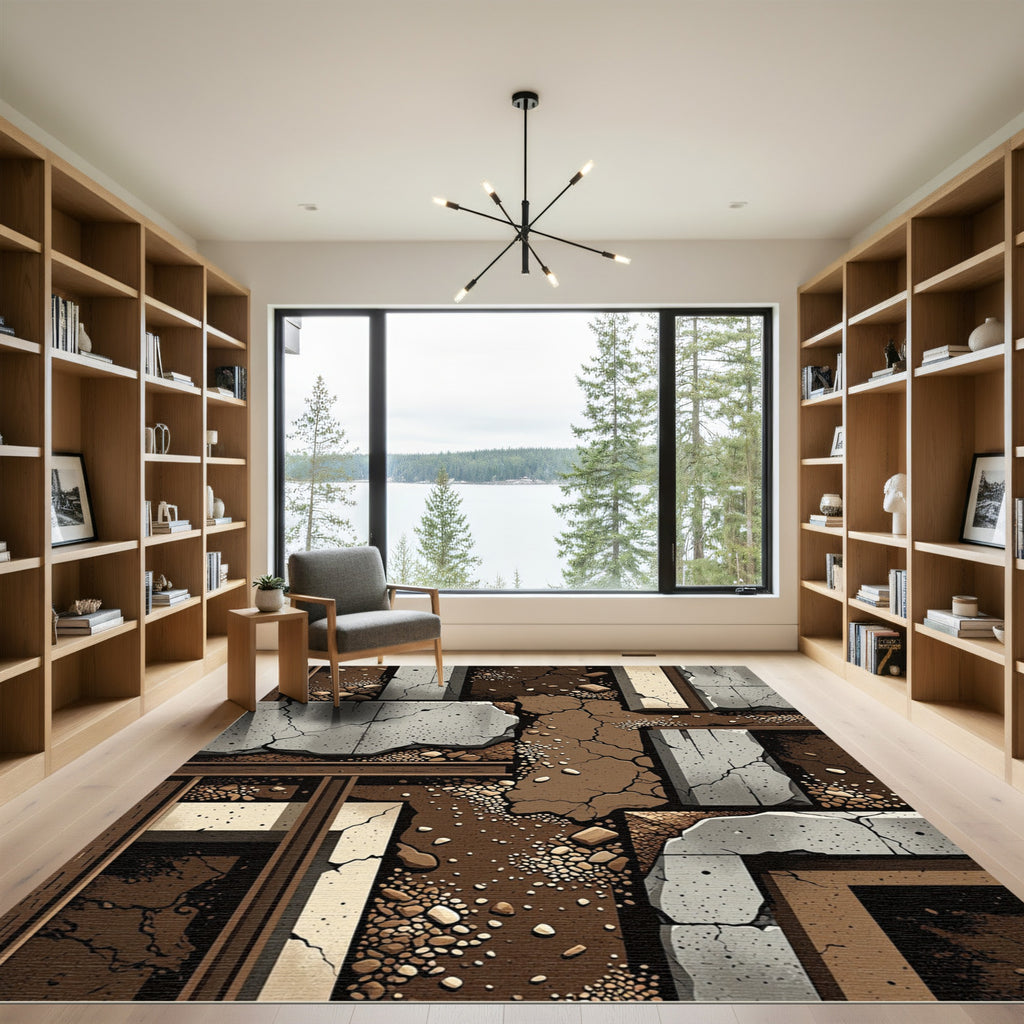 Cracked Earth Stone Geometric Grid Rug