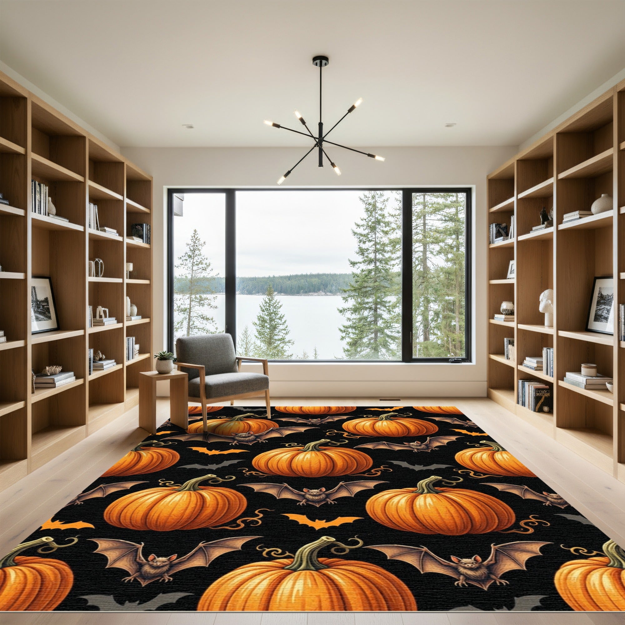 Spooky Halloween Pumpkin and Bat Art Rug