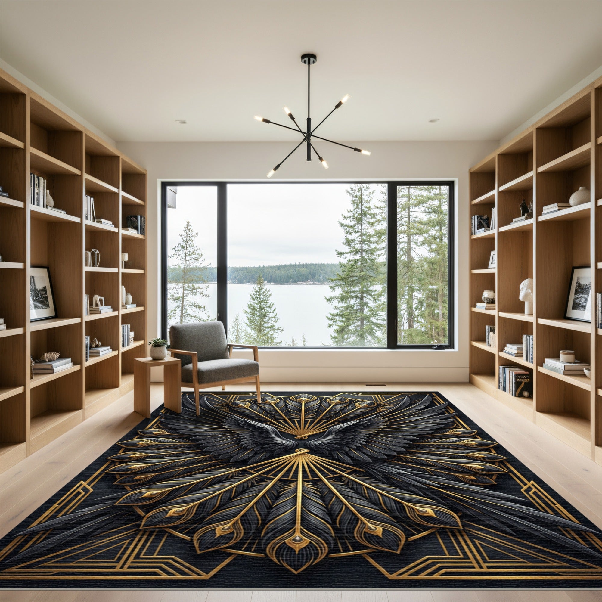 Art Deco Golden Peacock Feather Crest Rug