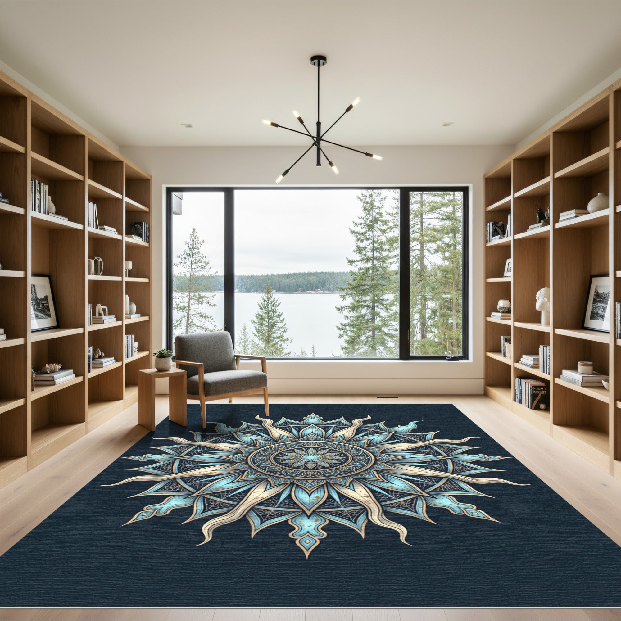 Celestial Sky Blue Sunburst Mandala Rug