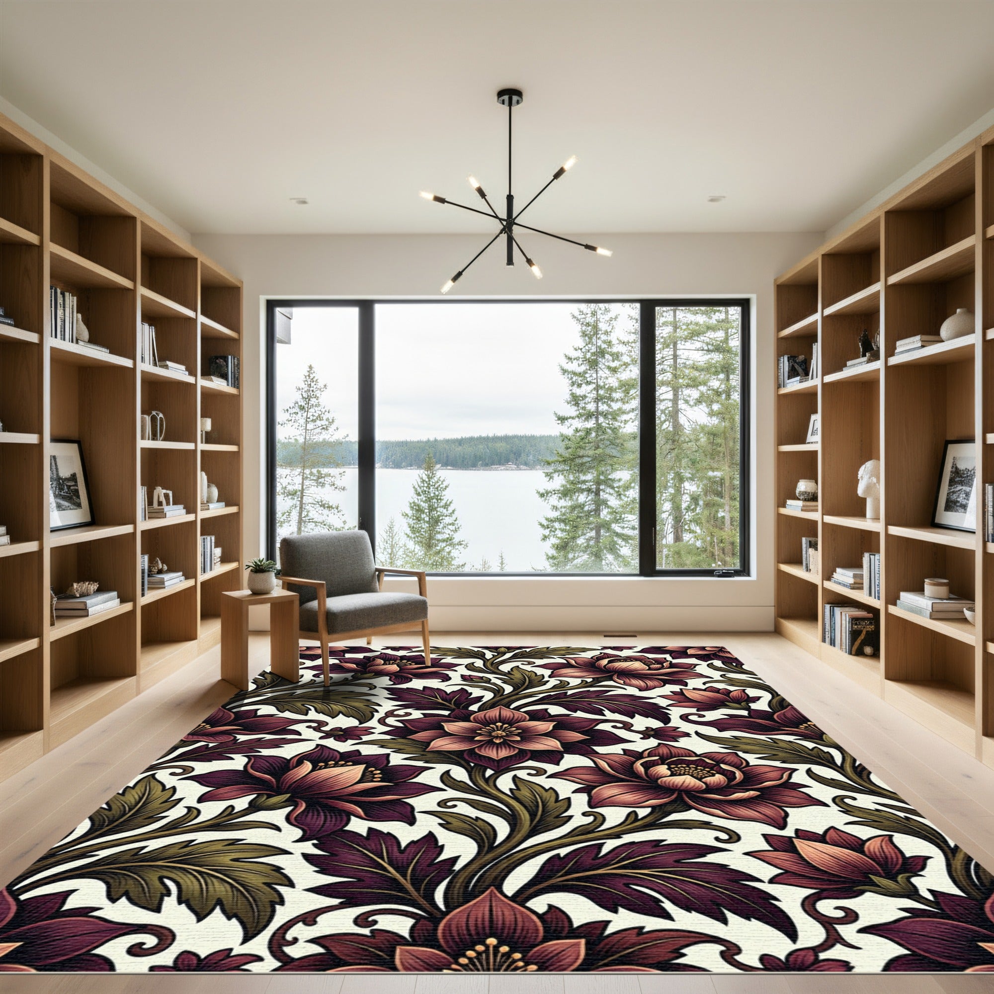 Dark Crimson Botanical Vine Floral Rug