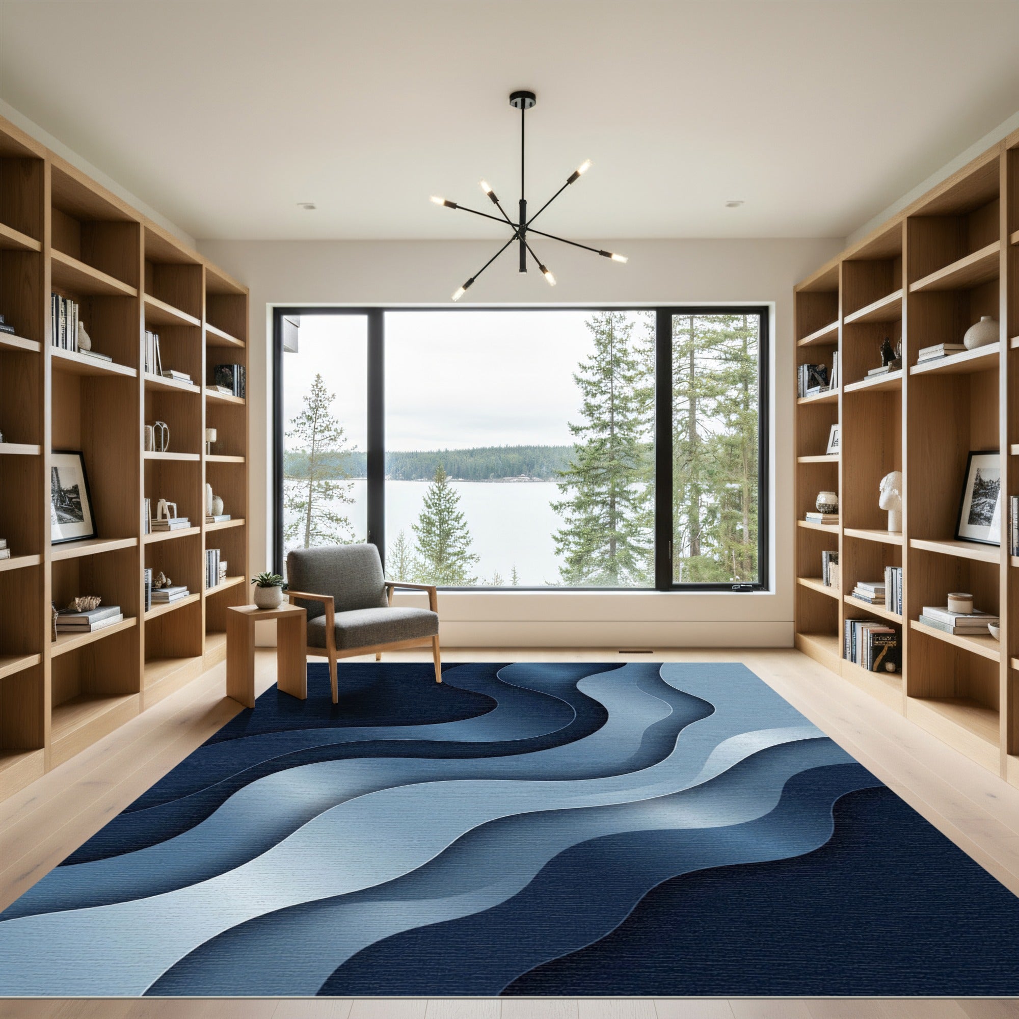 Modern Navy and Silver Abstract Wave Rug