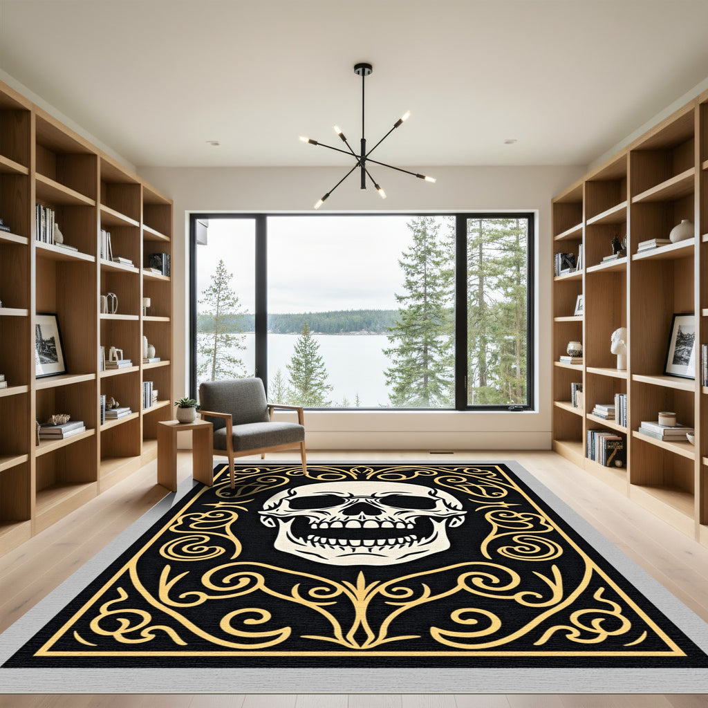 Black Gold Skull Ornamental Flourish Rug