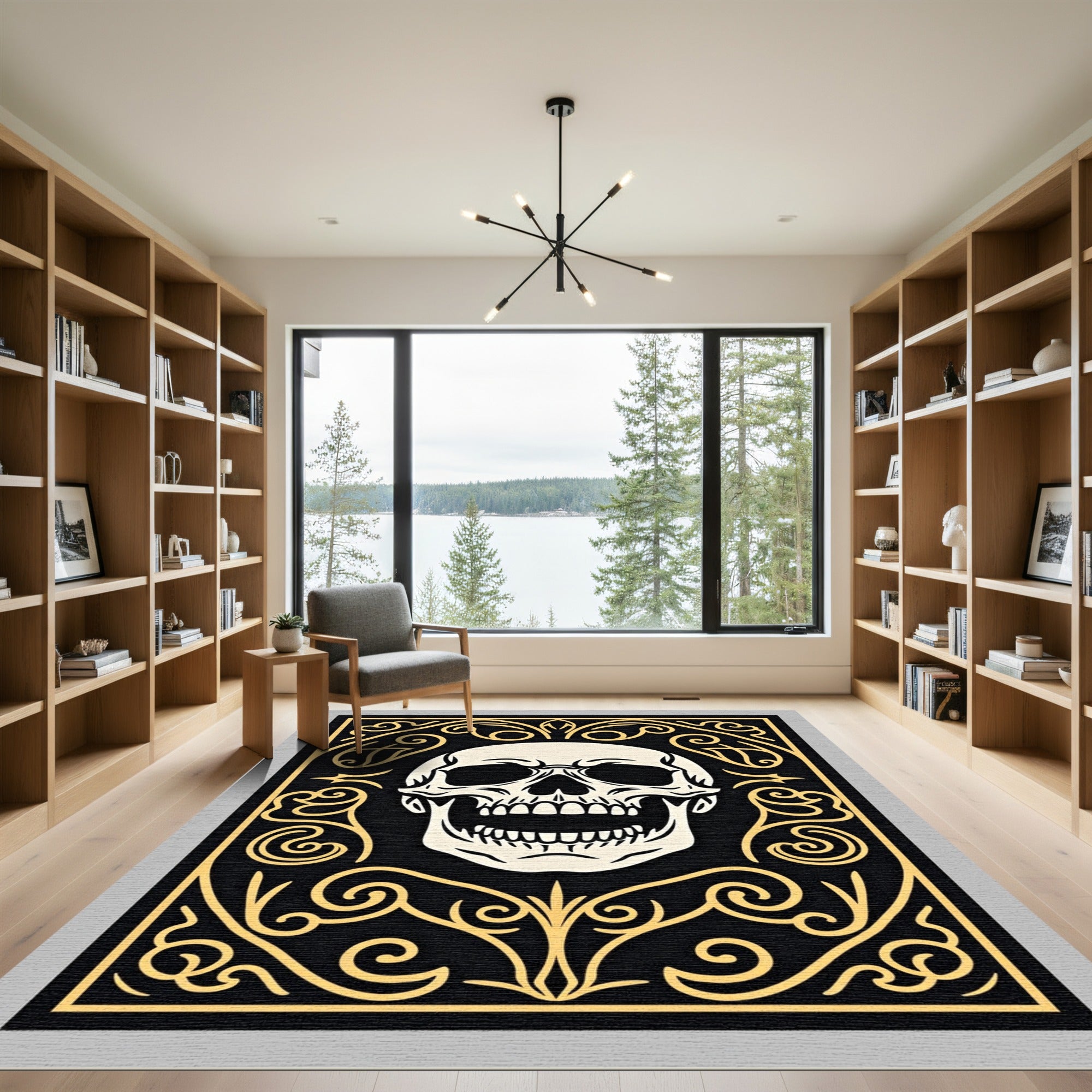 Black Gold Skull Ornamental Flourish Rug
