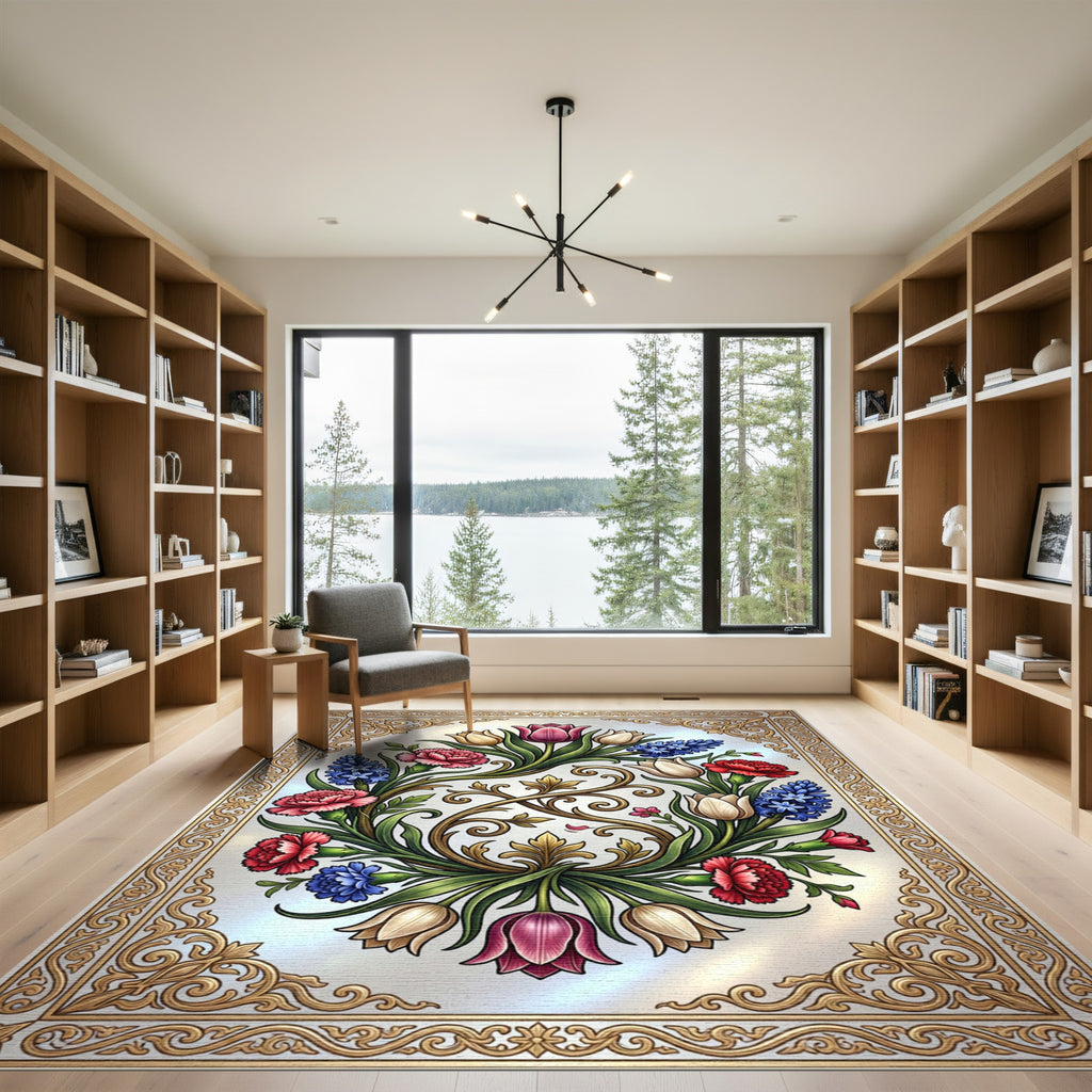 Elegant Baroque Floral Wreath Medallion Rug