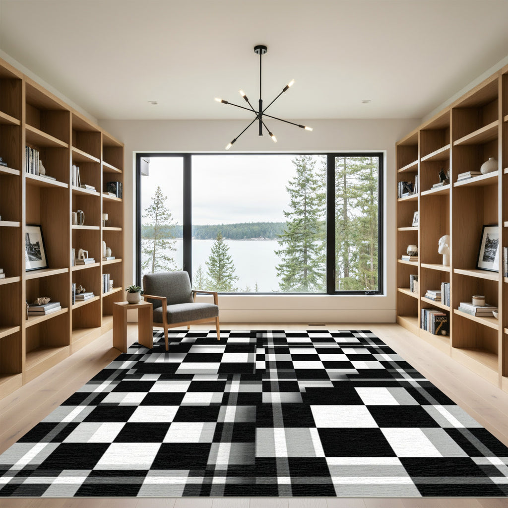 Modern Monochrome Checkered Geometric Block Grid Rug