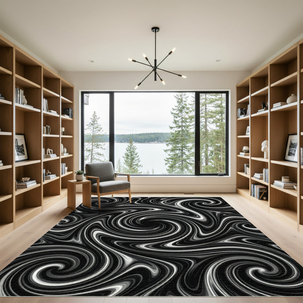 Abstract Black White Swirl Rug