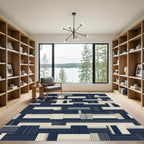 Modern Navy and Cream Woven Grid Rug