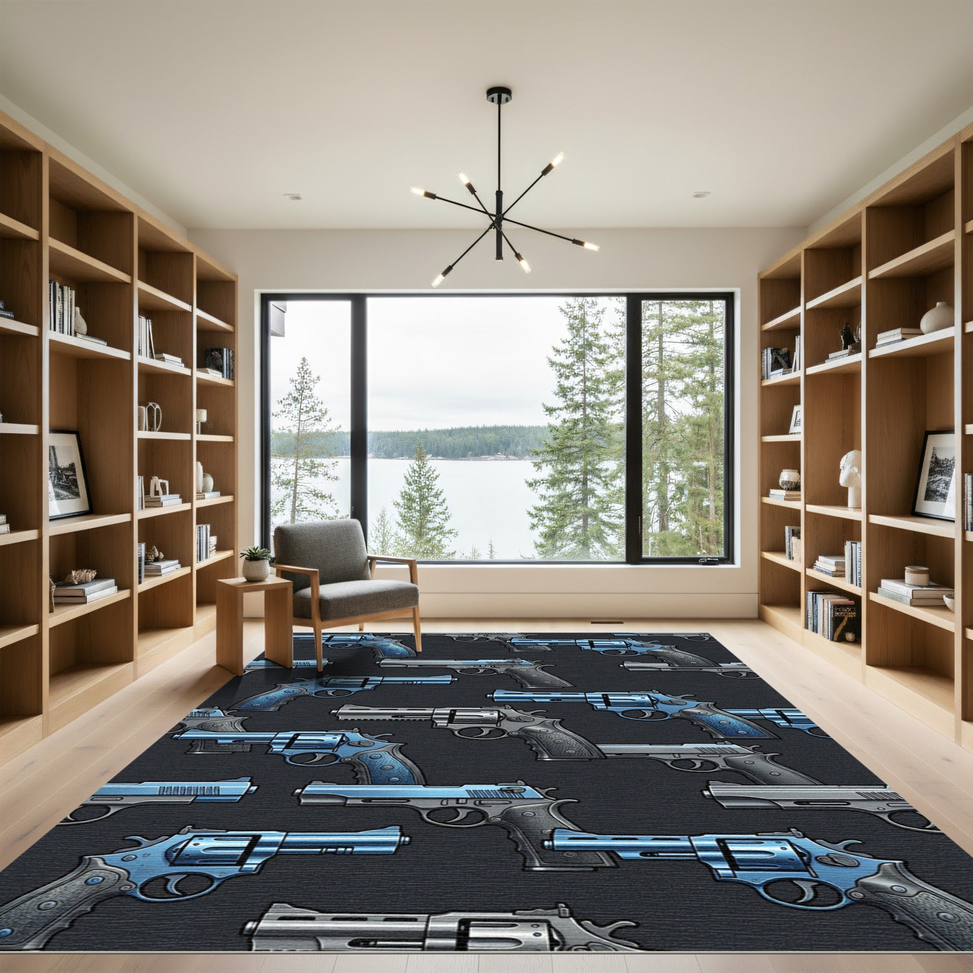 Metallic Blue Revolver Pistol Illustration Rug