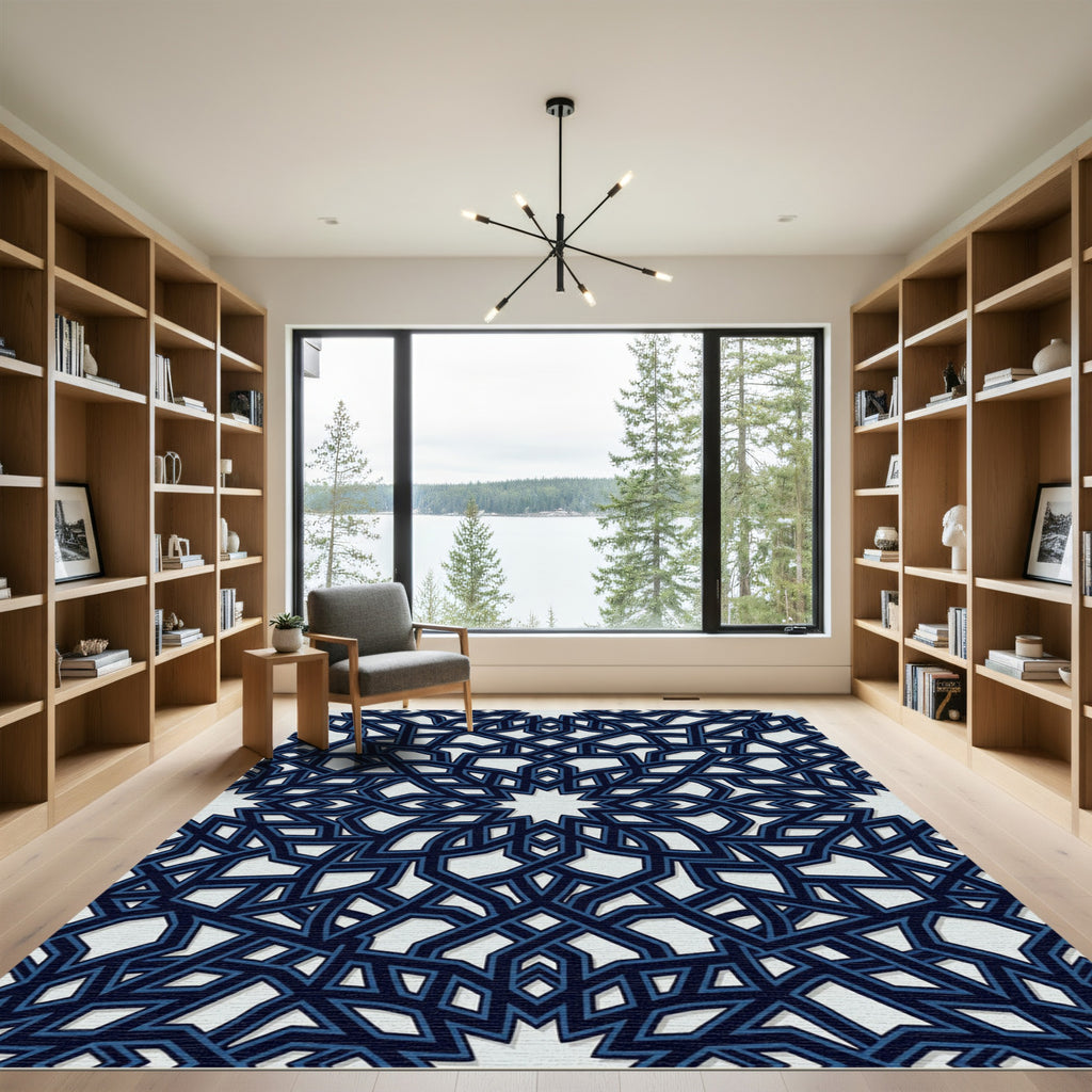 Navy Geometric Interlocking Star Tile Rug