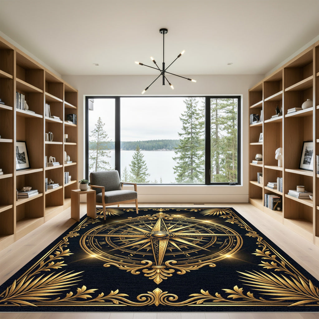 Opulent Golden Compass Nautical Medallion Rug