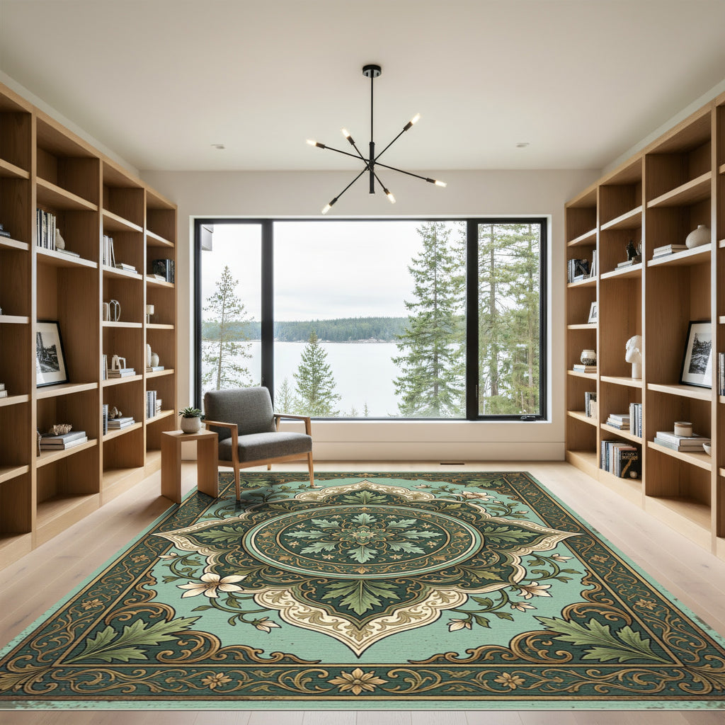 Emerald Green Floral Medallion Vintage Rug