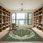 Emerald Green Floral Medallion Vintage Rug