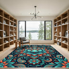 Vibrant Teal Orange Mandala Floral Rug