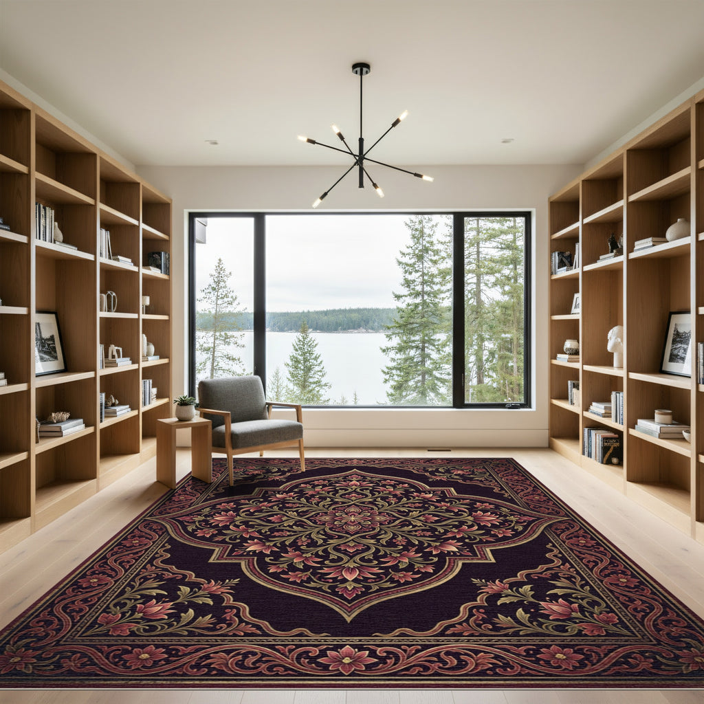 Ornate Burgundy Floral Medallion Tapestry Rug