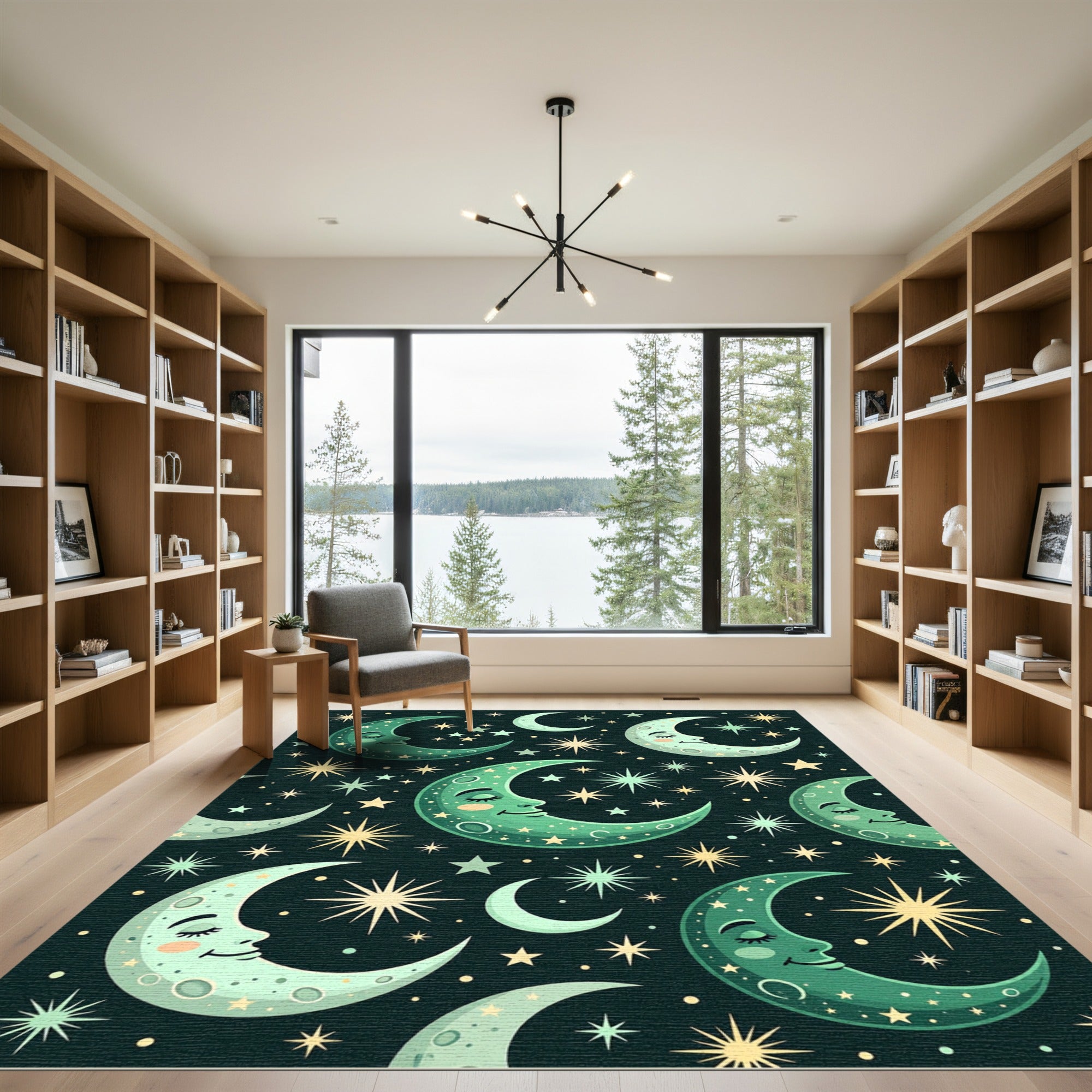 Whimsical Green Crescent Moon Stars Rug