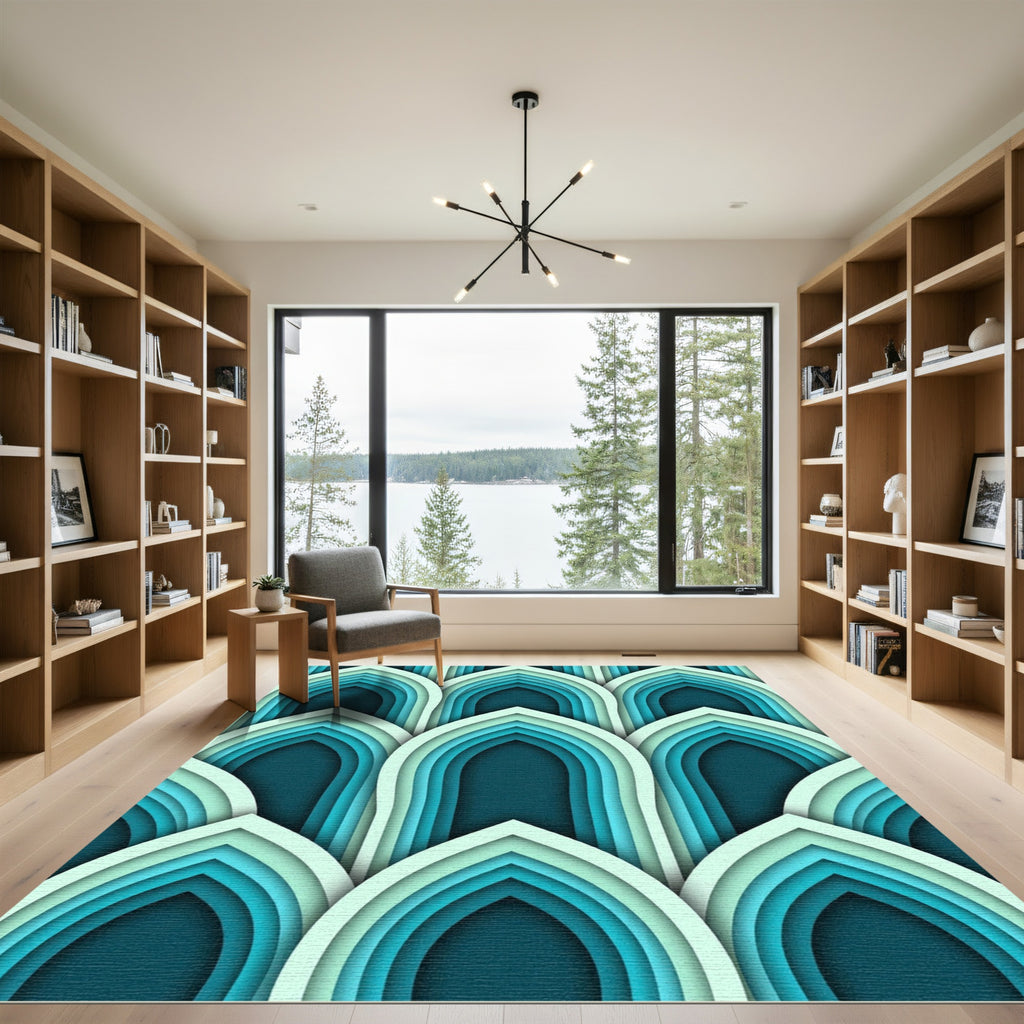 Layered Teal Arched Geometric Waves Rug