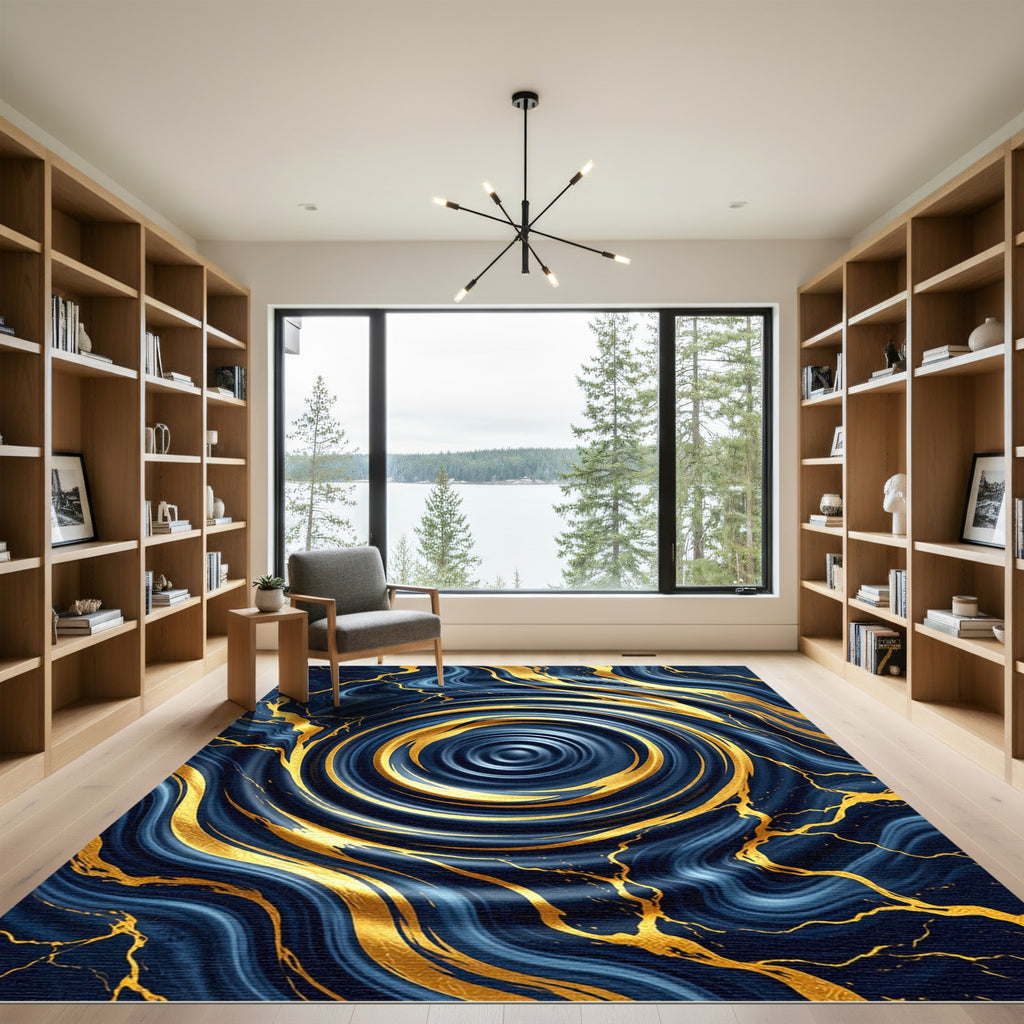 Navy Blue Liquid Gold Marble Swirl Rug