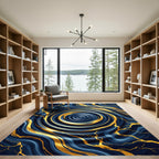 Navy Blue Liquid Gold Marble Swirl Rug