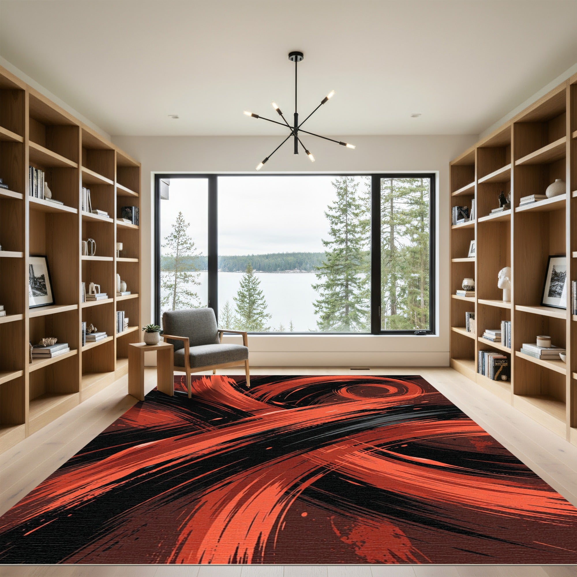 Crimson Swirl Abstract Brushstroke Rug