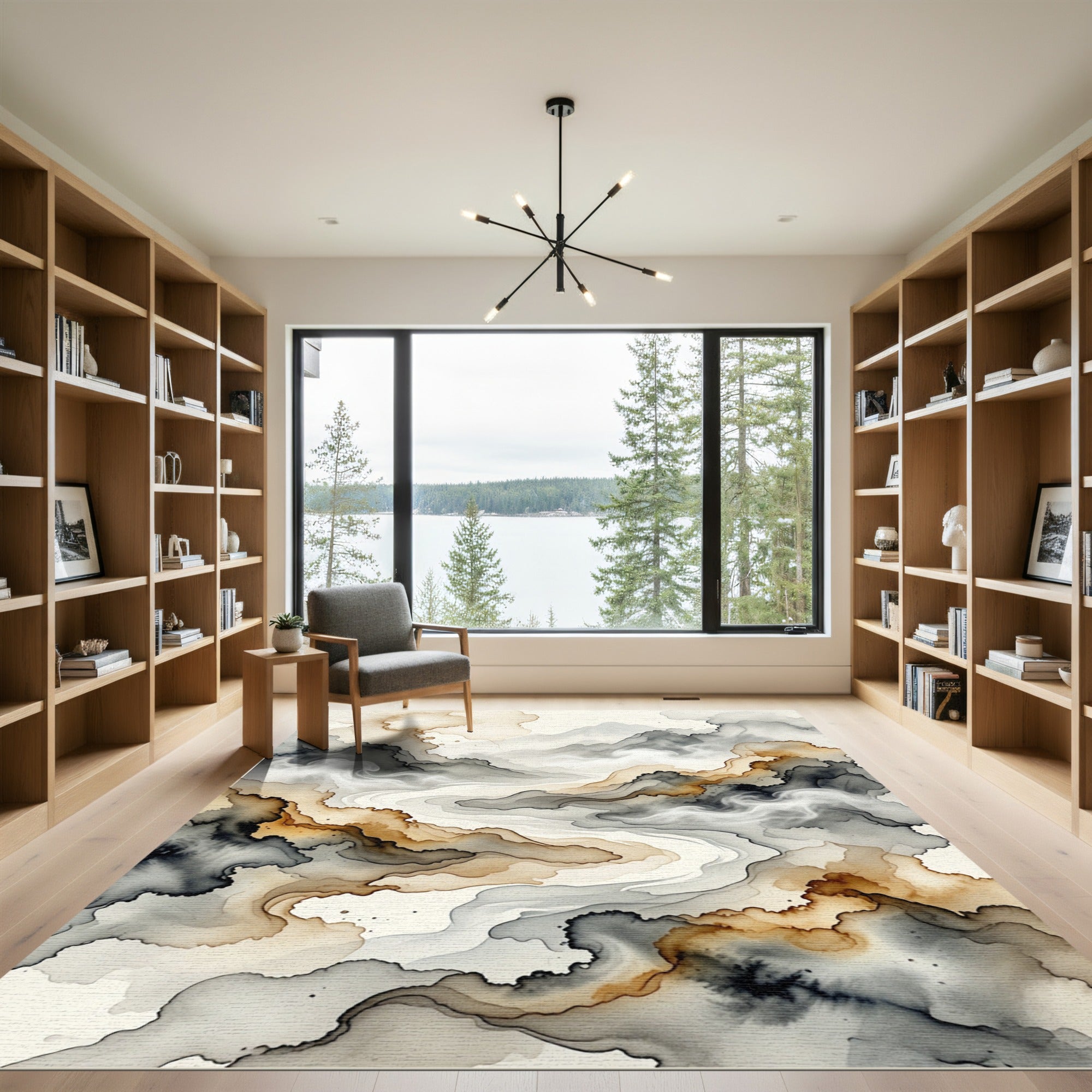 Abstract Monochrome Ink Wash Mountain Landscape Rug