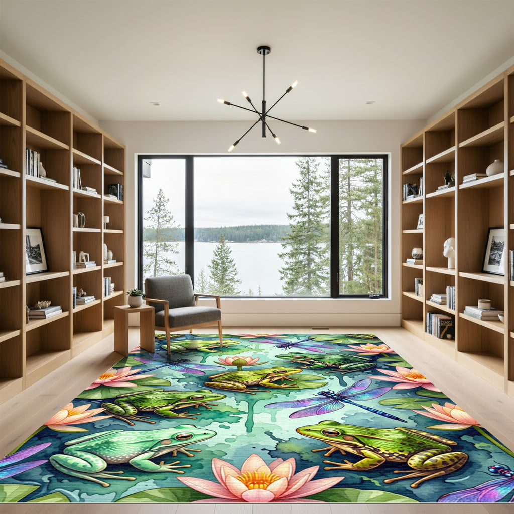 Whimsical Pond Frogs and Dragonflies Rug